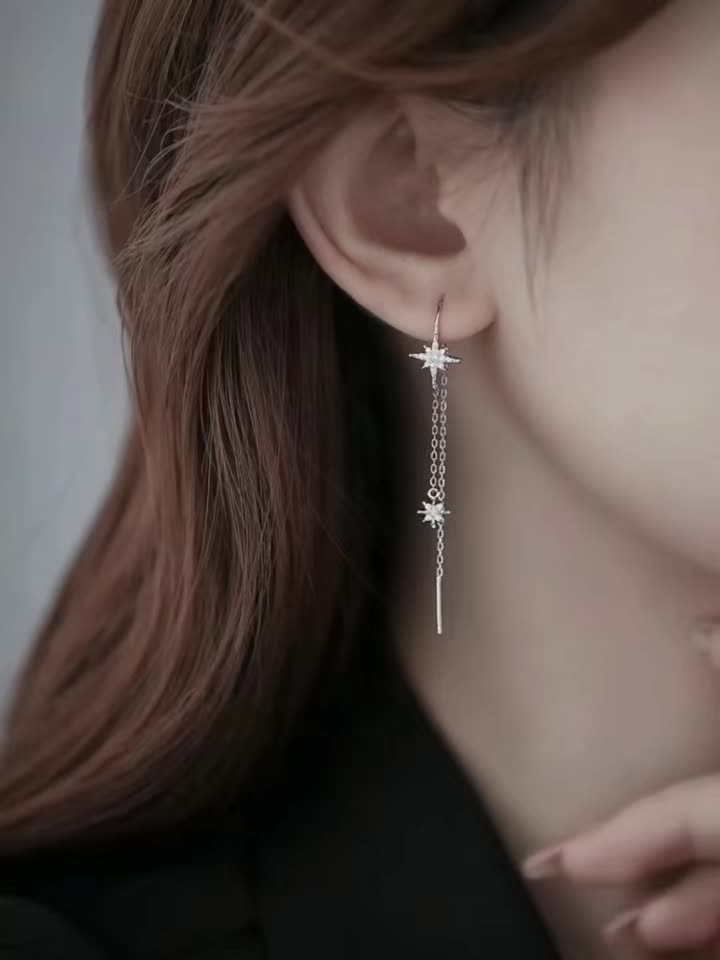S925 Sterling Silver Hexagram Pendant Tassel Earrings